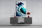 Waves glass wall art catching light to reveal its painted turquoise barrel