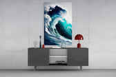 Waves glass wall art catching light to reveal its painted turquoise barrel