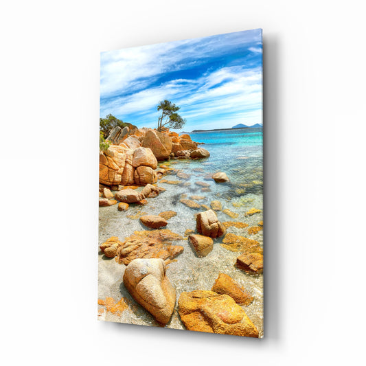 Beach View glass wall art in a modern living room