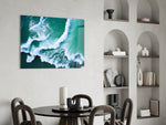 Cinematic coastal print bringing aerial edge to a coastal-themed bedroom