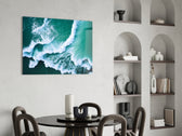Cinematic coastal print bringing aerial edge to a coastal-themed bedroom