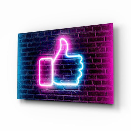 Neon Like button cinematic glass wall art above black media console