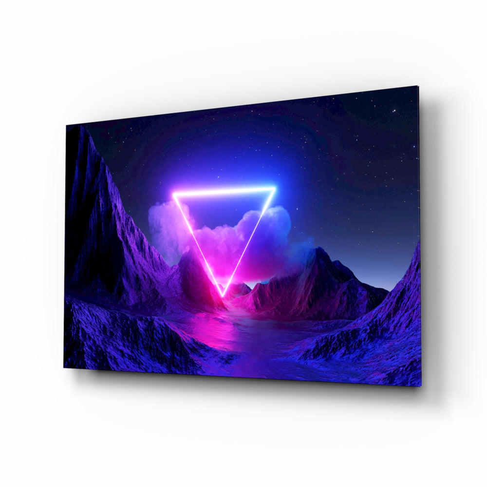 Neon triangle synthwave mountain cinematic glass wall art above black media console