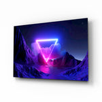 Neon triangle synthwave mountain cinematic glass wall art above black media console