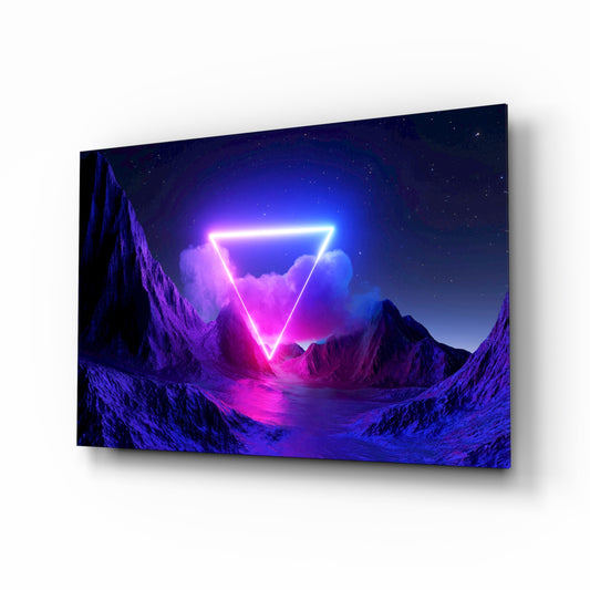 Neon triangle synthwave mountain cinematic glass wall art above black media console