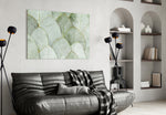 Pale-mint leaves cinematic glass wall art over master-bedroom headboard