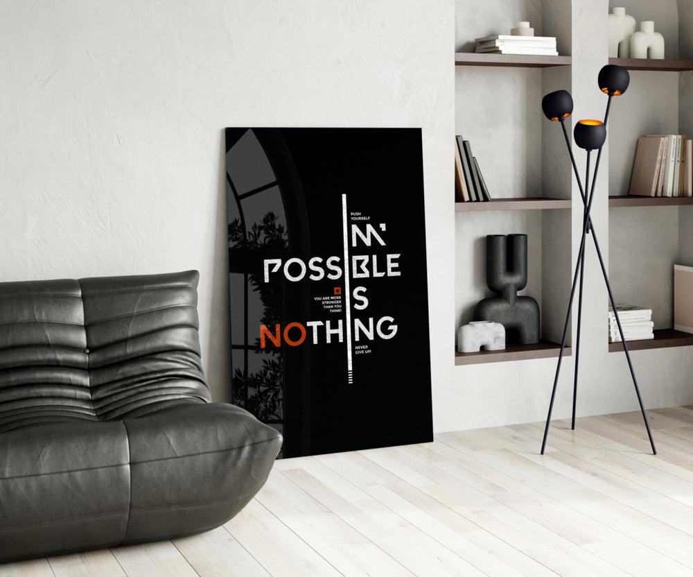 Vertical impossible-is-nothing cinematic glass wall art over modern dining sideboard