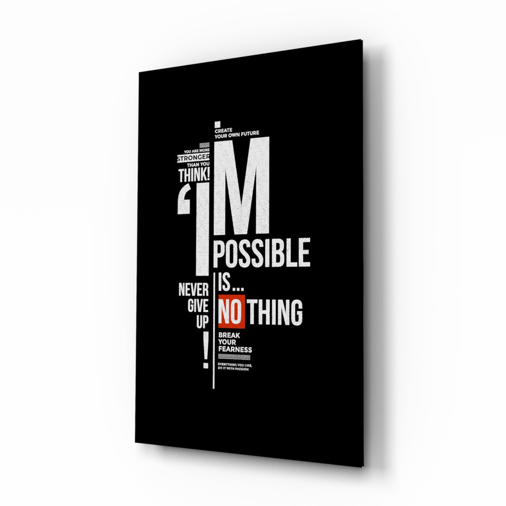 Impossible typography manifesto cinematic glass wall art above home-gym weight bench