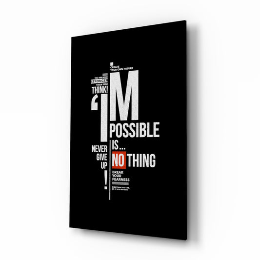Impossible typography manifesto cinematic glass wall art above home-gym weight bench