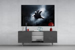 Cinematic reaching-hand glass wall art in horror-fan's lounge
