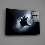 Cinema-still horror cinematic glass wall art over modern living-room sofa
