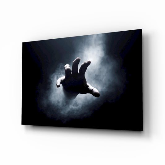 Reaching hand smoke cinematic glass wall art above black media console
