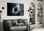 Film-still reaching hand cinematic glass wall art in gentleman's study reading nook