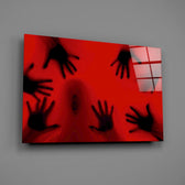 Crimson scream silhouette cinematic glass wall art over modern living-room sofa