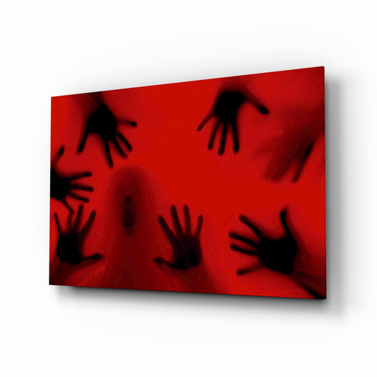 Hands pressing crimson cinema-horror cinematic glass wall art above black media console