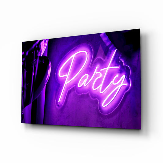 Violet Party neon sign cinematic glass wall art above home bar back-counter