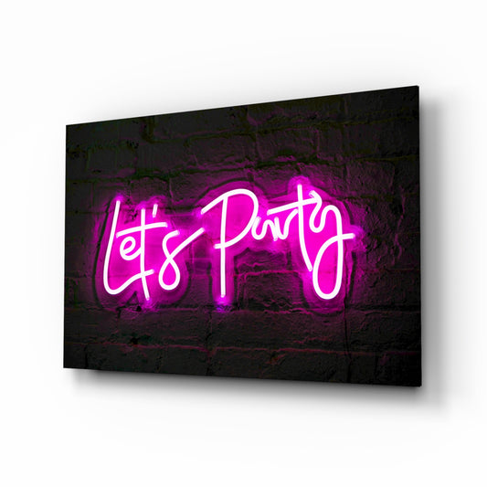 Magenta Let's Party neon cinematic glass wall art above home bar back-counter
