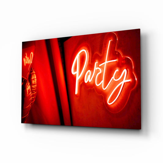 Scarlet Party neon sign cinematic glass wall art above home bar back-counter