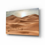 Sahara desert dunes cinematic glass wall art above linen sofa in designer lounge