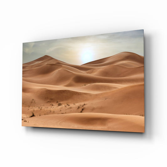 Sahara desert dunes cinematic glass wall art above linen sofa in designer lounge