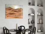 Hazy-sun desert cinematic glass wall art over master-bedroom headboard