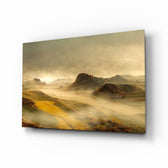 Misty sepia mountain valley cinematic glass wall art above linen sofa in designer lounge