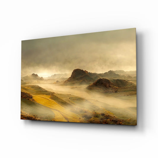 Misty sepia mountain valley cinematic glass wall art above linen sofa in designer lounge