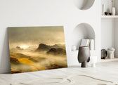 Wadi-Rum-style desert cinematic glass wall art in wellness studio reception