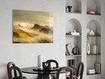 Foggy-valley mountain cinematic glass wall art over master-bedroom headboard