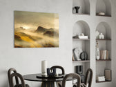 Foggy-valley mountain cinematic glass wall art over master-bedroom headboard