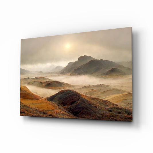 Sepia mountain mist cinematic glass wall art above linen sofa in designer lounge