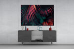 Coral-rim leaf cinematic glass wall art in nightclub-style home bar