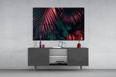 Coral-rim leaf cinematic glass wall art in nightclub-style home bar