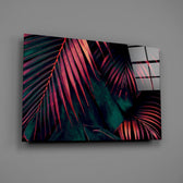 Synthwave tropical foliage glass wall art over modern living-room sofa