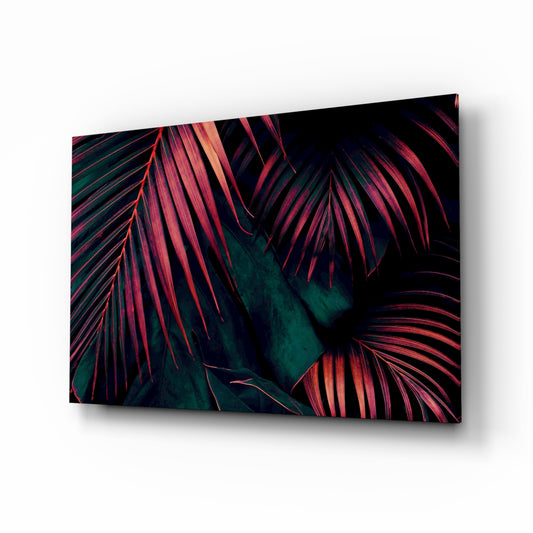 Coral palm frond cinematic glass wall art above black media console