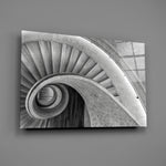Architectural B&W spiral cinematic glass wall art in firm reception lobby