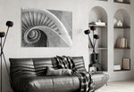 Tadao-Ando-style spiral cinematic glass wall art in heritage stairwell