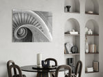 B&W architectural cinematic glass wall art over walnut sideboard