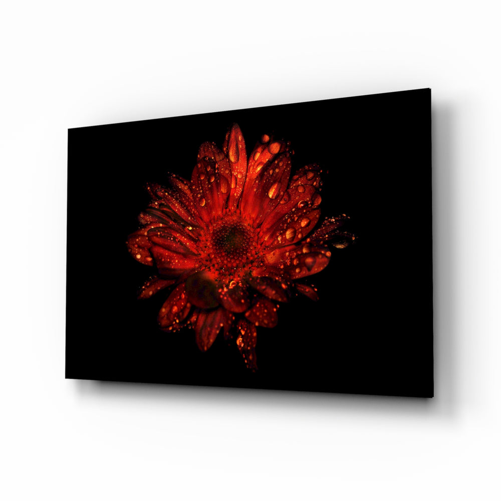 Red gerbera macro cinematic glass wall art above velvet headboard in glamorous bedroom