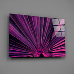 Synthwave fan-palm glass wall art over modern living-room sofa