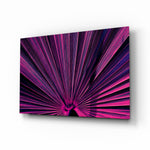 Magenta fan-palm sunburst cinematic glass wall art above black media console