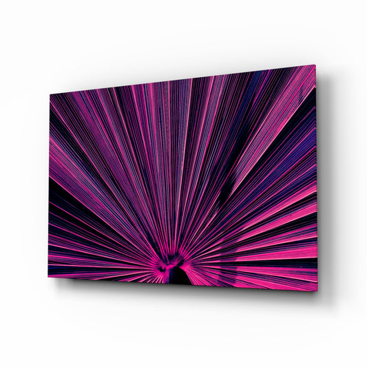 Magenta fan-palm sunburst cinematic glass wall art above black media console