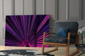 Stage-lit fan-palm cinematic glass wall art over master-bedroom headboard