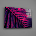 Synthwave palm-leaf glass wall art over modern living-room sofa