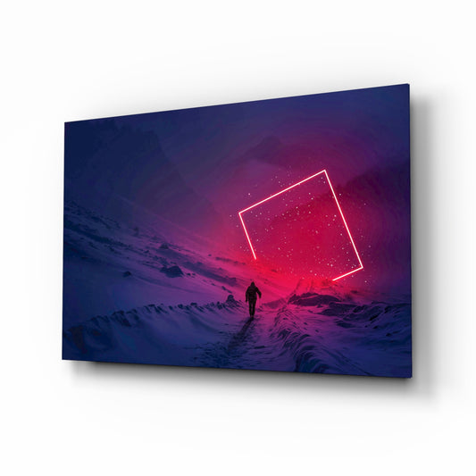 Lone hiker neon portal cinematic glass wall art above black media console