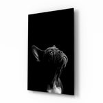 French Bulldog B&W portrait cinematic glass wall art beside leather chair in gentleman's study