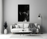 B&W bulldog cinematic glass wall art in pet-friendly living room
