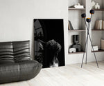 Void-black bulldog cinematic glass wall art over walnut console