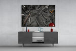 Vintage clipper-and-comb cinematic glass wall art in gentleman's library