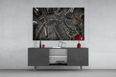 Vintage clipper-and-comb cinematic glass wall art in gentleman's library